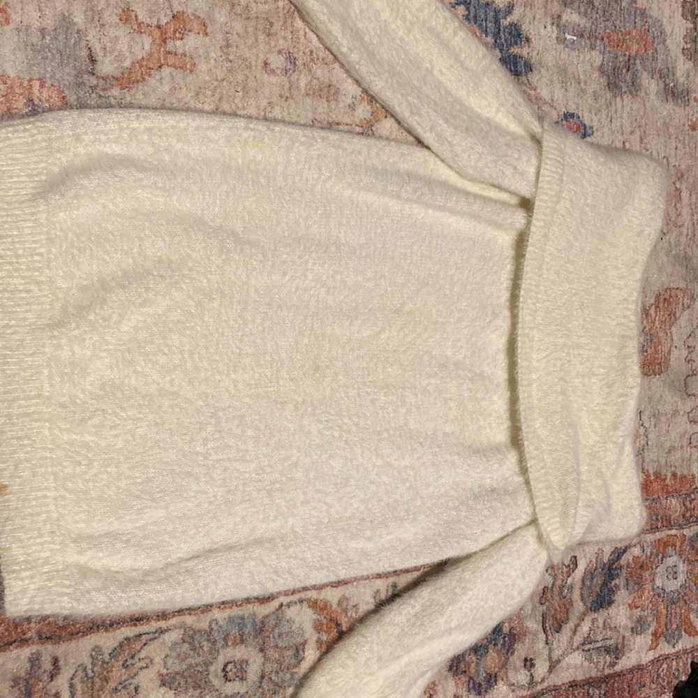 white fluffy off the shoulder sweater dress